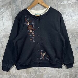 Vintage shenanigans Black embroidered floral button up sweatshirt cardigan Sz L